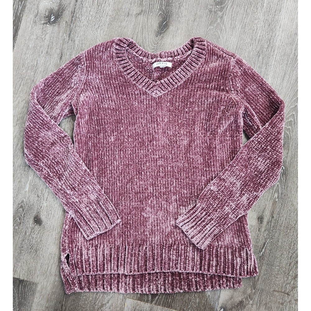 Orvis Women's Chenille V-Neck Sweater Purple Ribbed Knit Pullover Small
